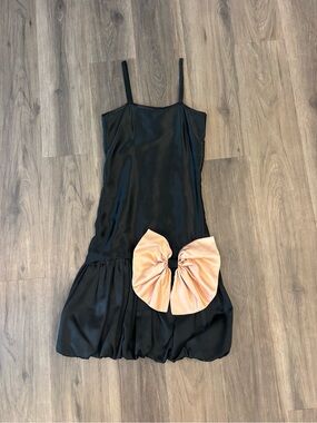 Black Satin Slip Dress with Peach Bow Accent